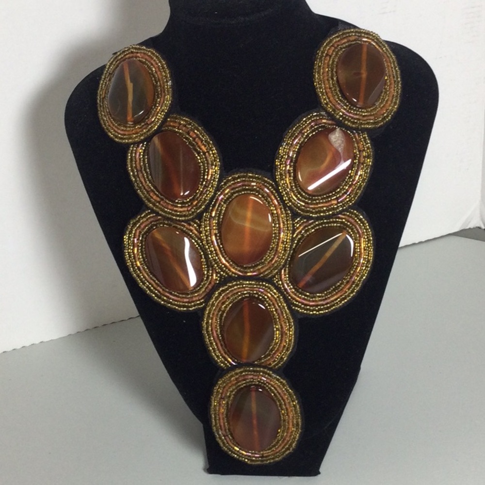 Statement Brown Beaded Cabochon Necklace